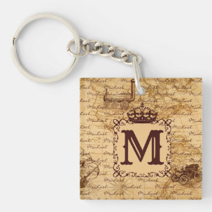 Royal Crown Vintage Name Pattern Beige Key Ring
