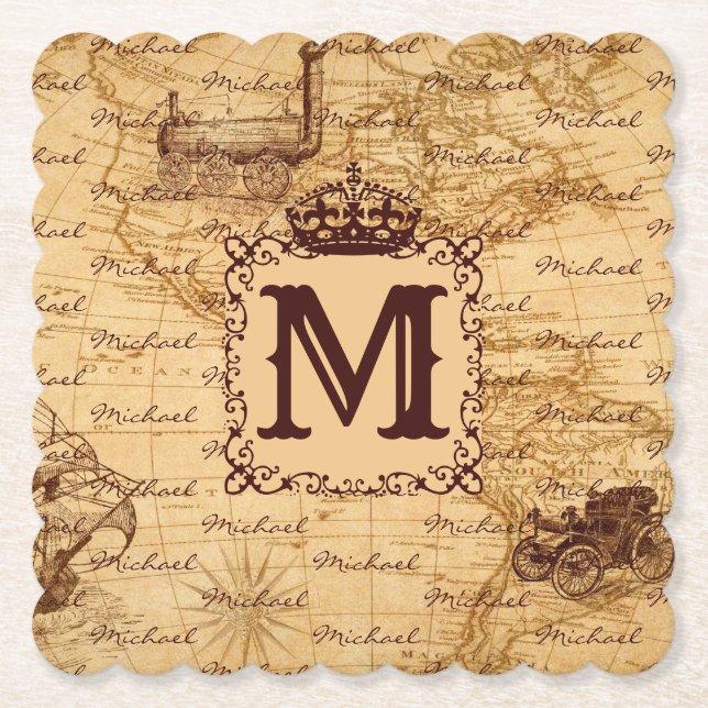 Royal Crown Vintage Name Pattern Beige Paper Coaster (Front)