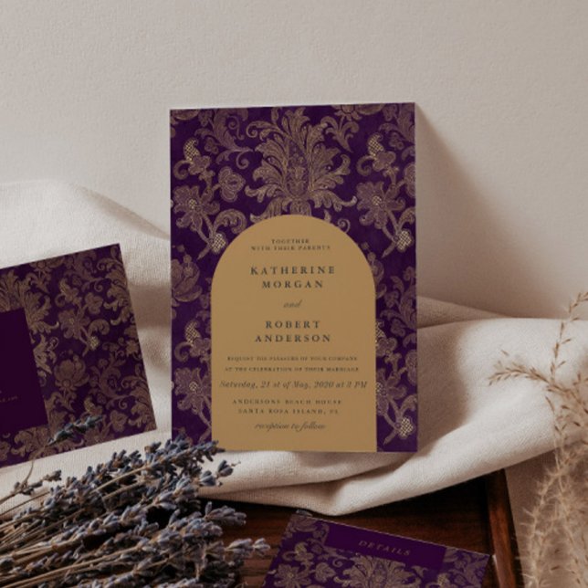 Royal Damask Gold Elegant Purple Wedding Invitation (Creator Uploaded)