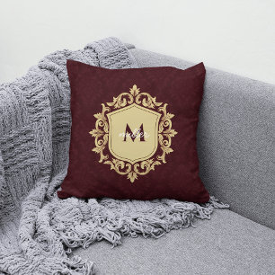 Royal Damask Ornate Crest Monogrammed Family Name Cushion