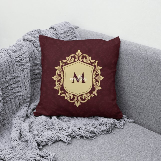 Royal Damask Ornate Crest Monogrammed Family Name Cushion (Creator Uploaded)