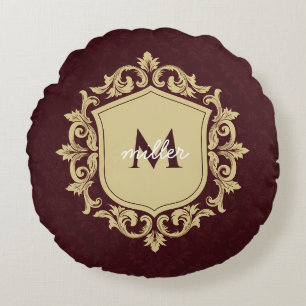 Royal Damask Ornate Crest Monogrammed Family Name Round Cushion