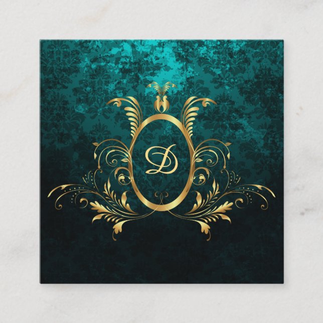 Royal Damask Personalised Turquoise Square Business Card (Front)