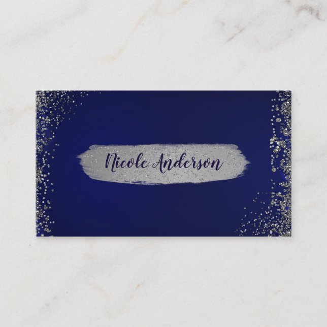 Royal Dark Blue & Silver Glitter Glam Modern Chic Business Card (Front)