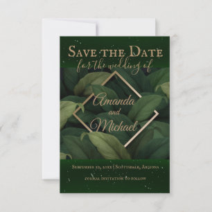Royal Dark Green Leaves Gold Frame Wedding Save The Date