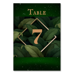 Royal Dark Green Leaves Gold Frame Wedding Table Number