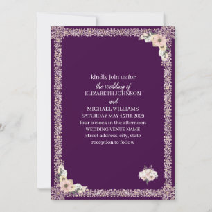Royal Dark Purple Gold Lace Floral Wedding Invitation