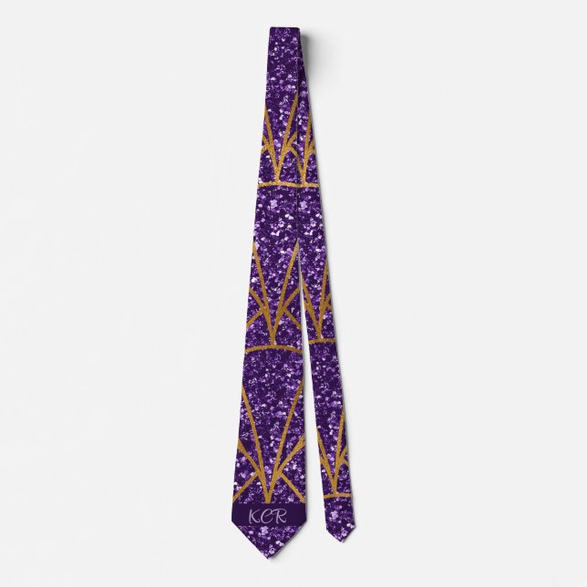 Royal Deco Purple Glitter Gold Geometic Pattern Tie (Front)