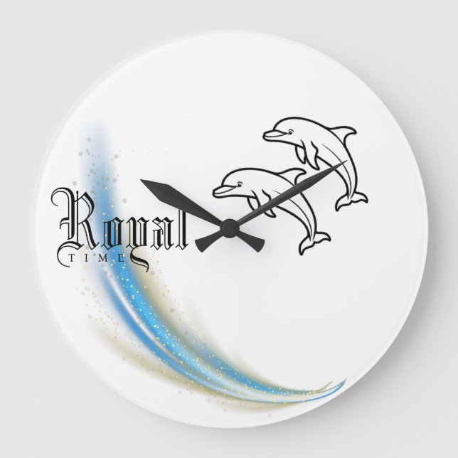 Royal Dolphin Wall Clock, Round Natural Wood Frame Large Clock (Front)