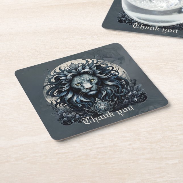 Royal elegance, a majestic gaze ornate lion's head square paper coaster (Angled)