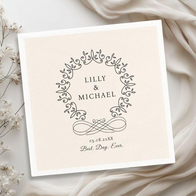 Royal, Elegant, "Best-Day-Ever" Wedding Napkin (Royal, Elegant, Classic "Best-Day-Ever" Beige Wedding Napkins with your name and date.)