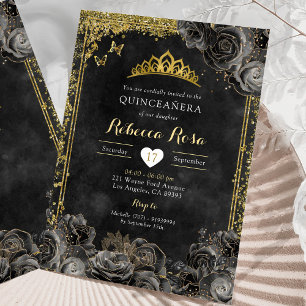 Royal Elegant Gold and Black Rose Quinceañera Invitation