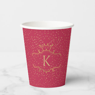 Royal Elegant Red Gold Crown Tiara Name Monogram Paper Cups