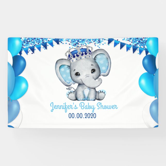 Royal Elephant with Crown Blue Banner Baby Shower (Horizontal)