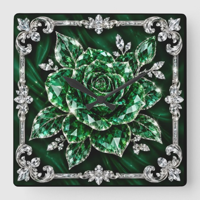 Royal Emerald Crystal Flower collection Square Wall Clock (Front)