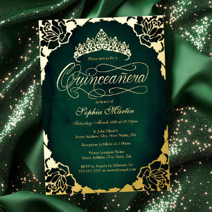 Royal Emerald Gold Elegant Script Quinceanera 
