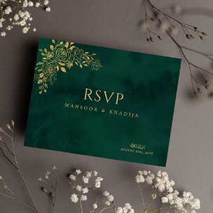 Royal Emerald Green Gold Floral Wedding RSVP Postcard