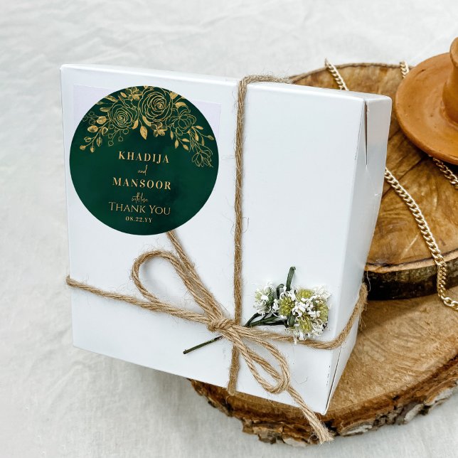 Royal Emerald Green Gold Floral Wedding Thank You Classic Round Sticker (Creator Uploaded)