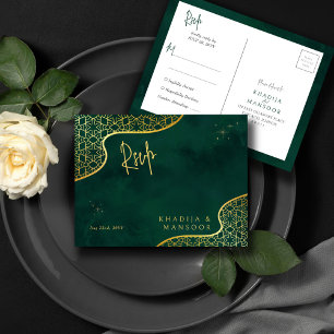 Royal Emerald Green Gold Glitter Wedding RSVP Postcard