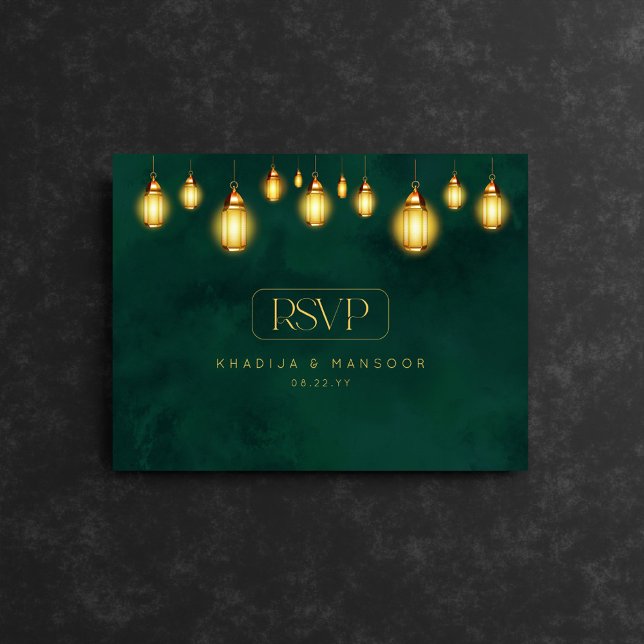 Royal Emerald Green Golden Lights Wedding RSVP Postcard (Creator Uploaded)