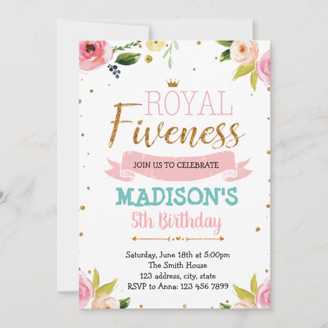 Royal fiveness princess theme invitation (Front)