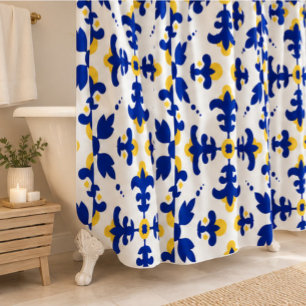 Royal Fleur Bold Blue and Gold Botanical  Shower Curtain