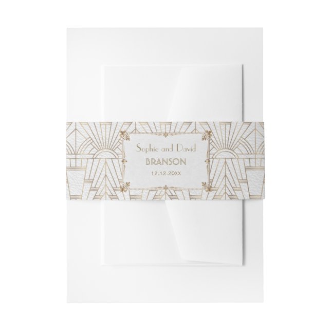 Royal Fleur-de-Lis Art Deco Gold White 20s Wedding Invitation Belly Band (Front Example)