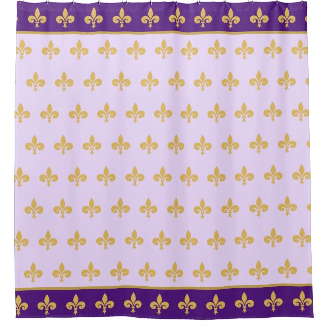 Royal fleur de lis, golden lily flowers on violet shower curtain (Front)