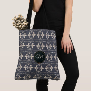Royal fleur-de-lis navy pattern.monogram. tote bag