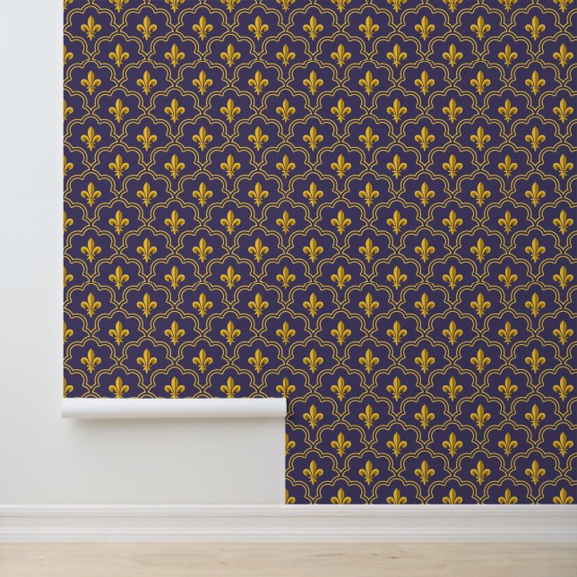 Royal Fleur-de-Lis Purple and Gold Pattern Wallpaper (Application)