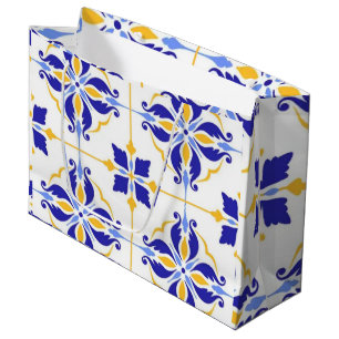 Royal Fleur Elegant Blue and Gold Botanical Mosaic Large Gift Bag