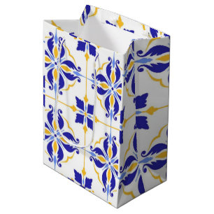Royal Fleur Elegant Blue and Gold Botanical Mosaic Medium Gift Bag