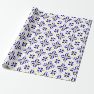 Royal Fleur Elegant Blue and Gold Botanical Mosaic Wrapping Paper