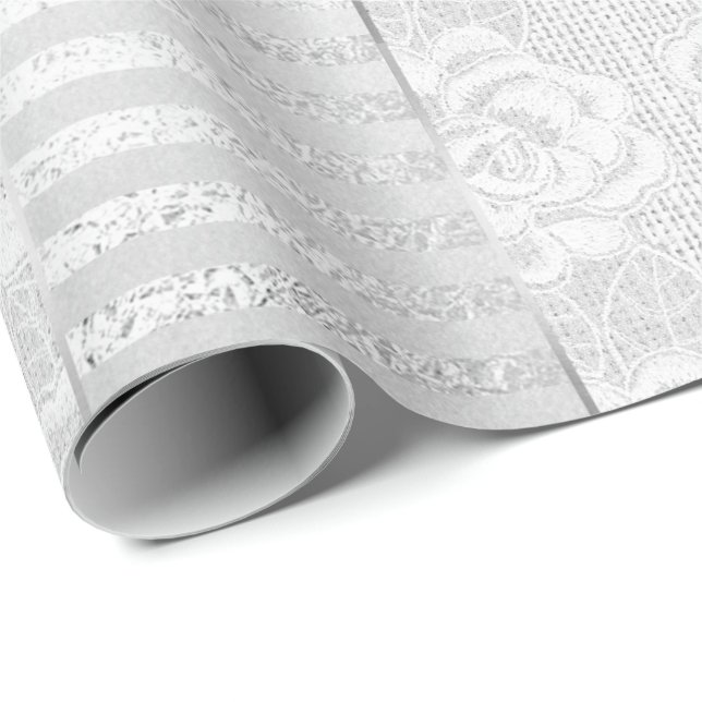 Royal Floral Roses Silver White Lace Stripes Linen Wrapping Paper (Roll Corner)