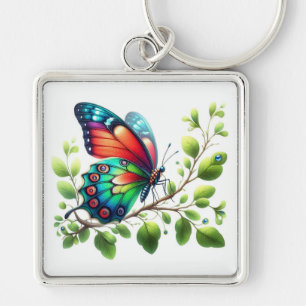"Royal Flutter: Red and Blue Butterfly Keychain" Key Ring