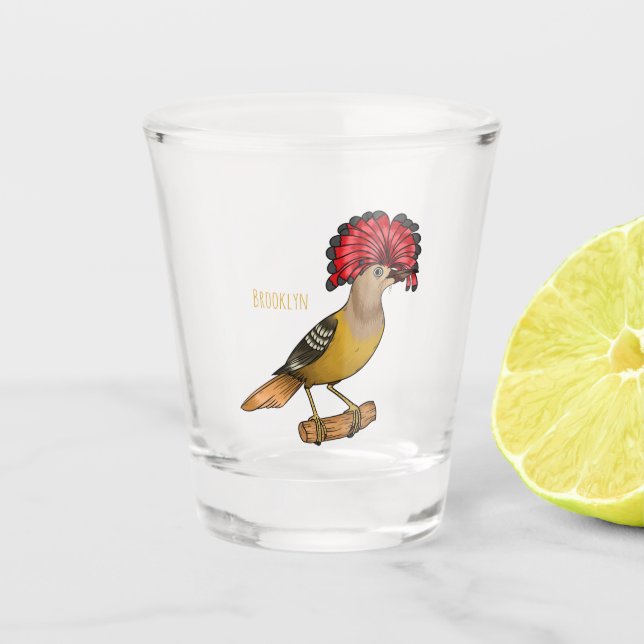 Royal flycatcher bird cartoon illustration shot glass (Front)