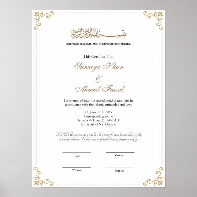 Royal frame Muslim nikkah certificate poster (Front)