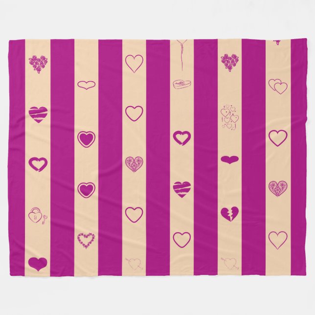 Royal Fuchsia Stripes Modern Heart Pattern Fleece Blanket (Front (Horizontal))