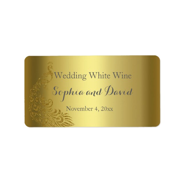 Royal Gold Abstract Peacock Wedding Wine Favour Label (Front)