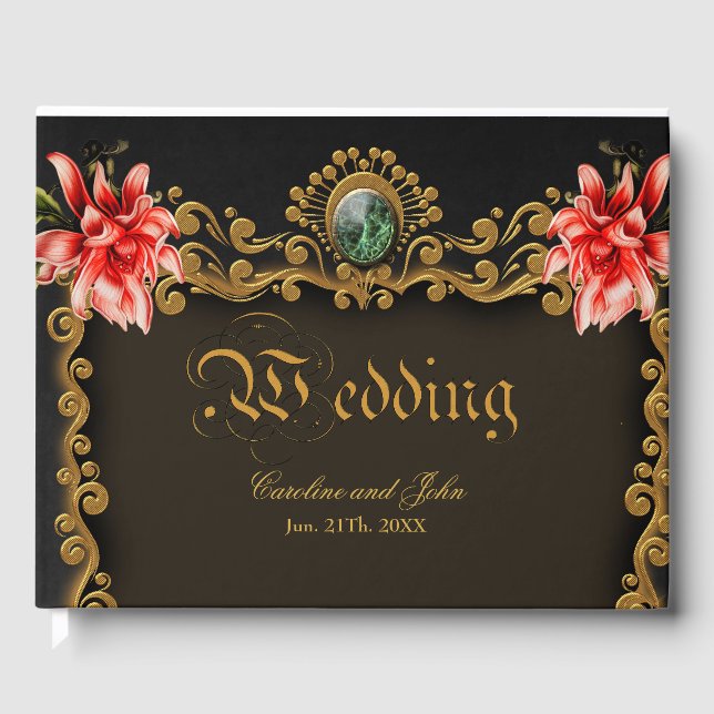 Royal gold and red floral design guest book (Front)
