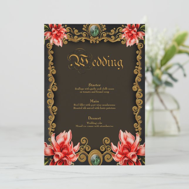 Royal gold and red floral design menu (Standing Front)