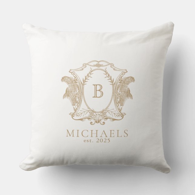 Royal Gold and White Monogram Crest Throw Pillow (Front)