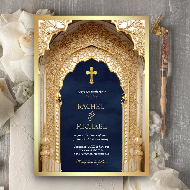 Royal Gold Arch Religious Christian Blue Wedding Invitation (Creator Uploaded)