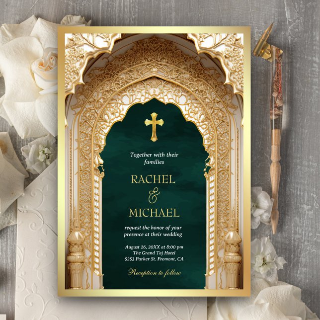 Royal Gold Arch Religious Christian Green Wedding Invitation (Creator Uploaded)