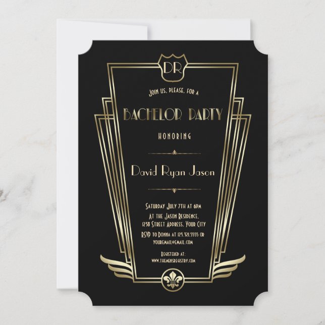 Royal Gold Art Deco Monogram Bachelor Party Invitation (Front)