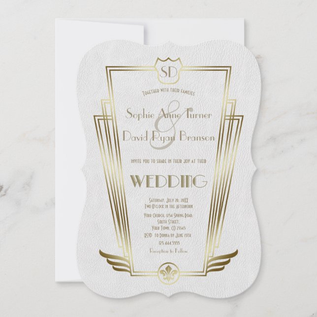 Royal Gold Art Deco Monogram White Wedding Invite (Front)
