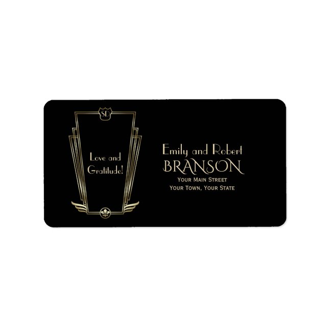 Royal Gold Black Art Deco Monogram Wedding Label (Front)