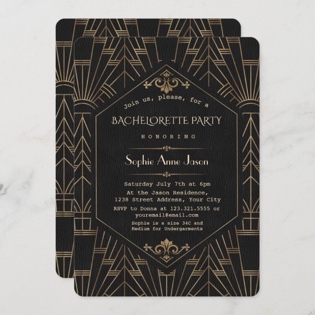 Royal Gold Black Great Gatsby Bachelorette Party Invitation (Front/Back)