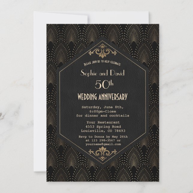 Royal Gold Black Great Gatsby Wedding Anniversary Invitation (Front)