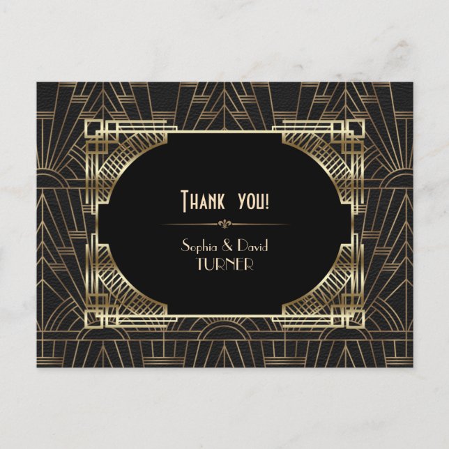 Royal Gold Black Great Gatsby Wedding Thank You Postcard (Front)